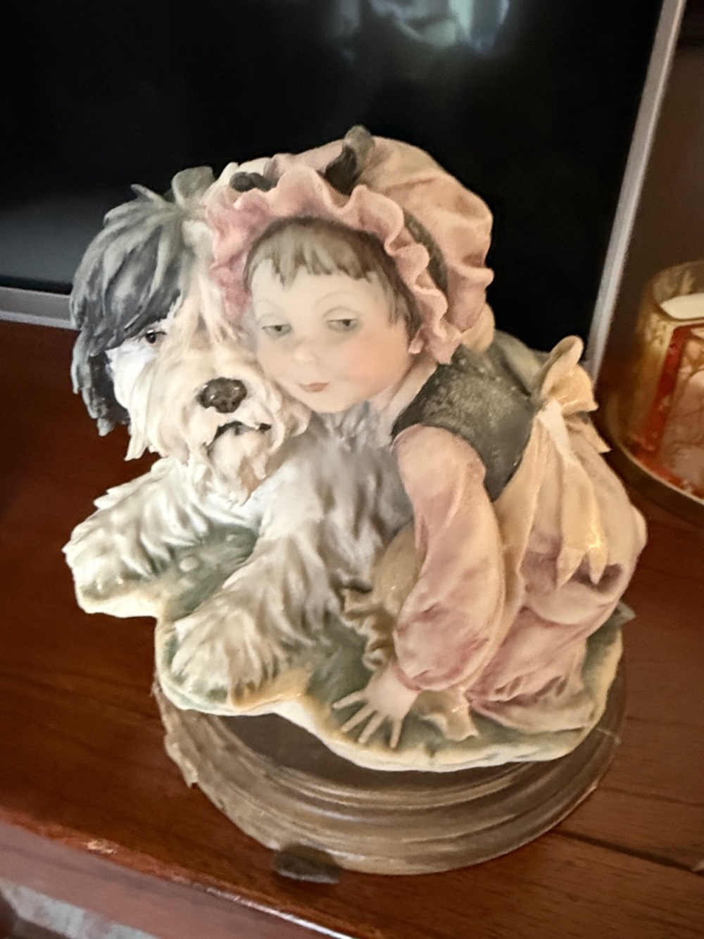 Armani Sculpture signed Porcelain Girl with Dog Figurine in Pink and White